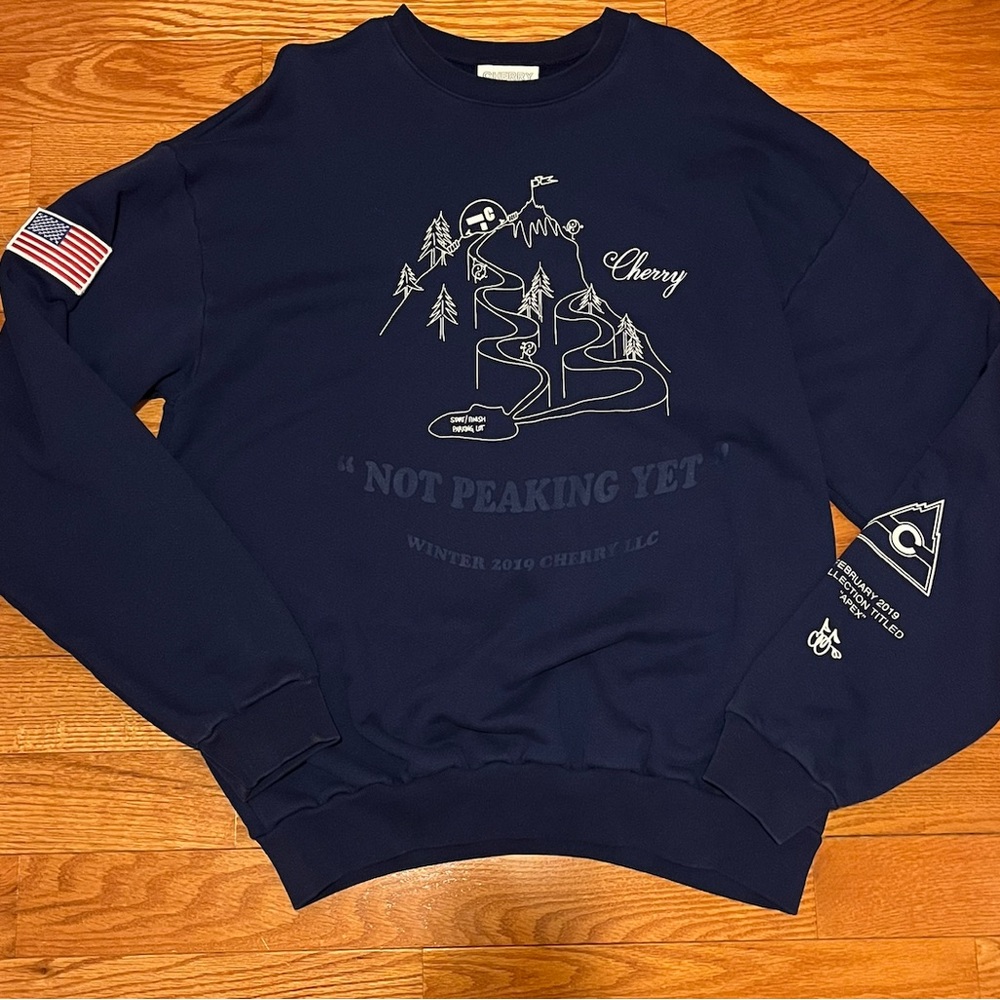 Cherry LA Navy Blue “Not Peaking Yet” Ski Crewneck